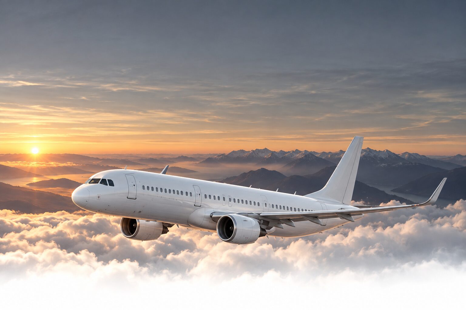 A white passenger jet above clouds and mountain peaks at sunrise